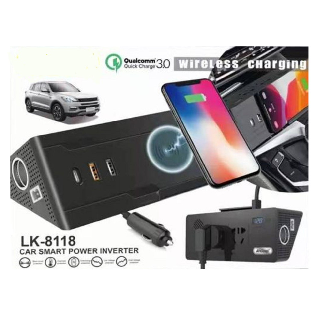 foto del prodotto trade shop inverter per auto smart power caricabatterie wireless ricarica cellulare lk 8118 