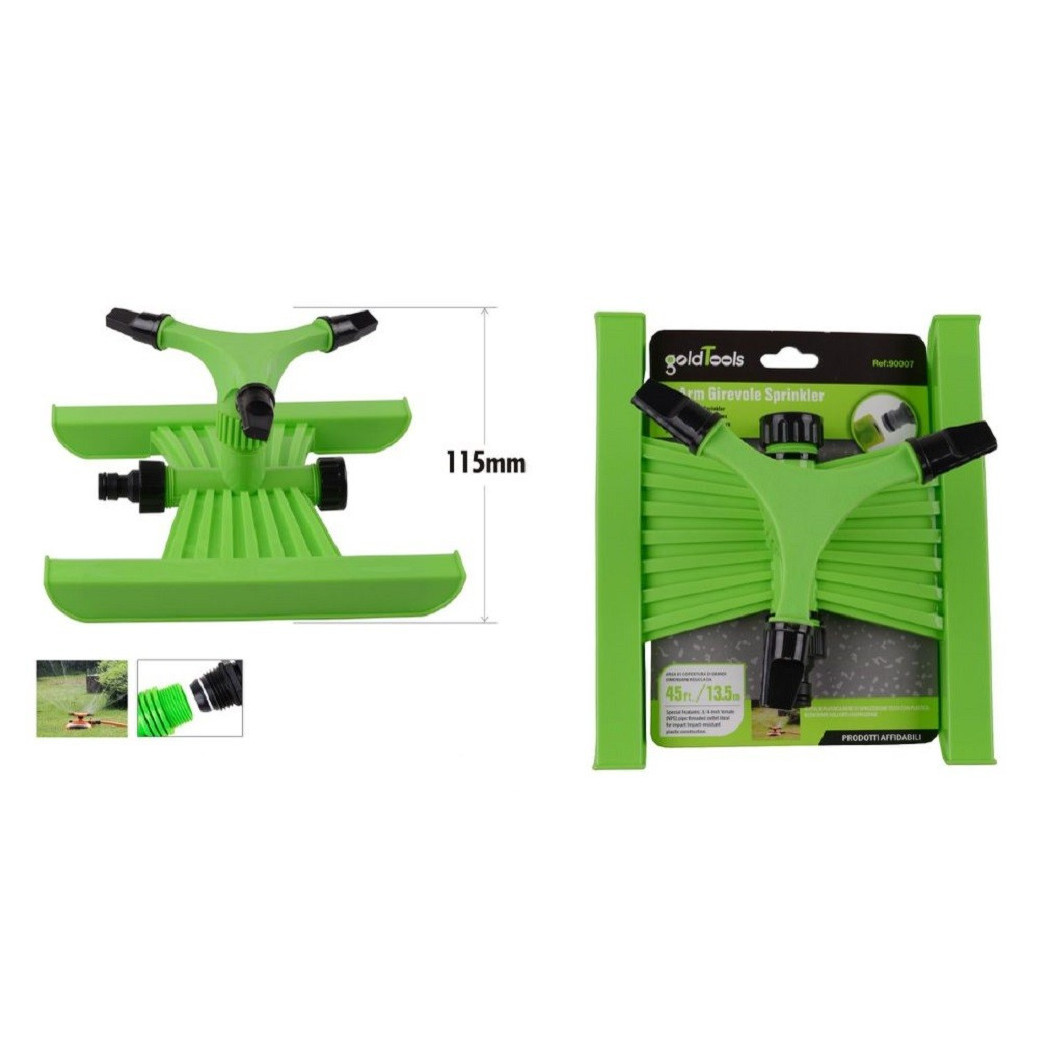 foto del prodotto trade shop - irrigatore girevole bracci a 3 getti base supporto slitta irrigatori 115mm 90007 -