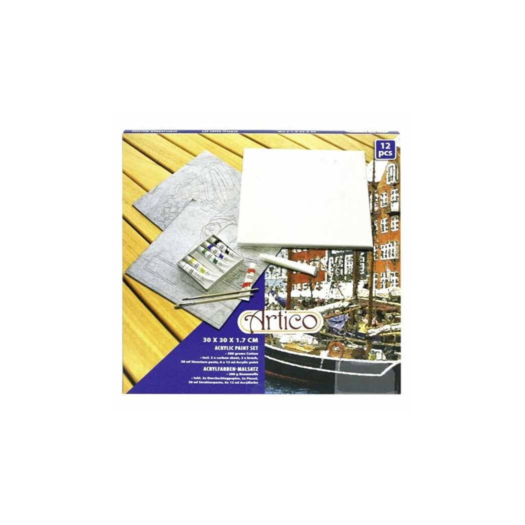 foto del prodotto trade shop kit 12 pezzi attrezzi per pittura dipinto colori pennelli tela 30x30 cm artico 