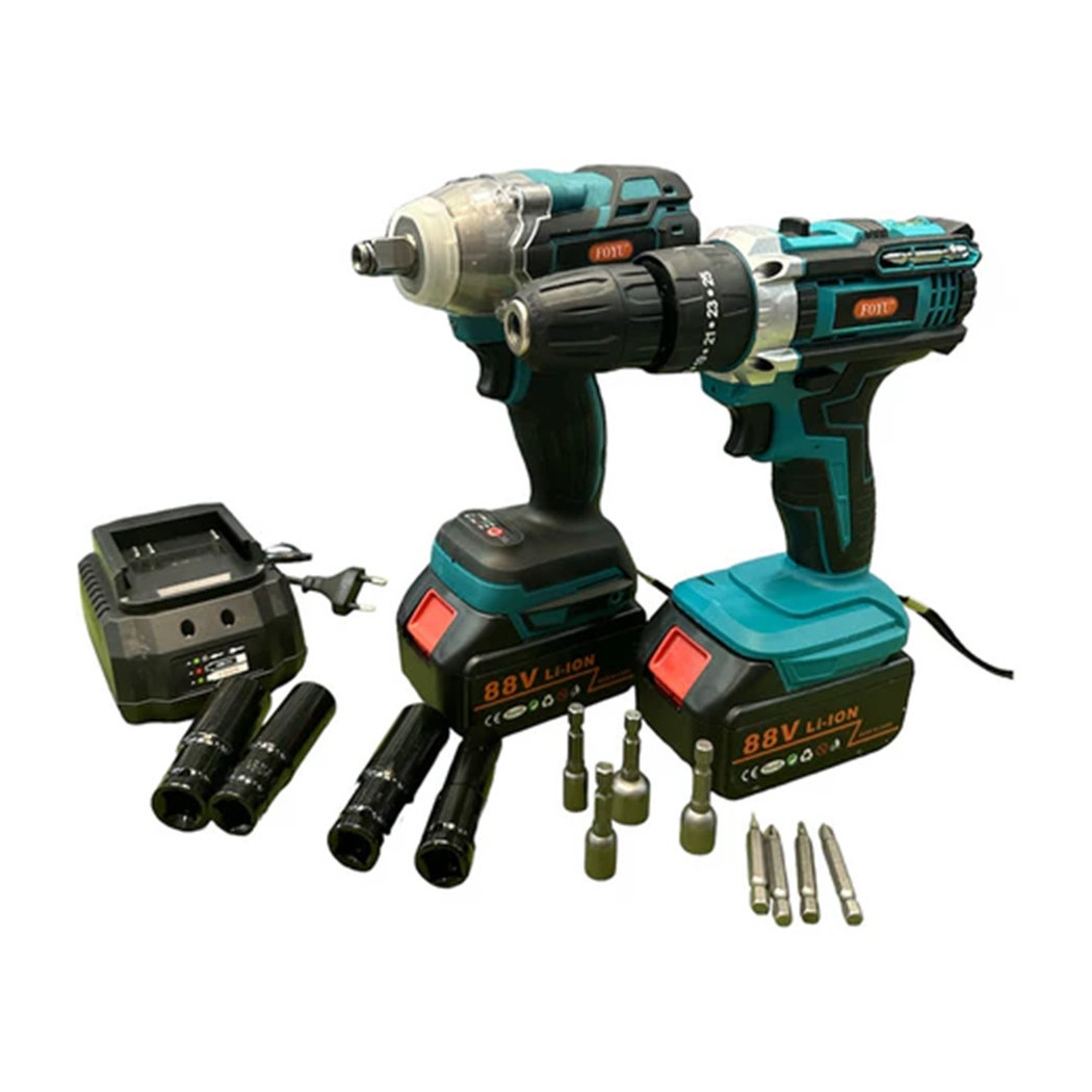 foto del prodotto trade shop kit 2 in 1 trapano avvitatore ad impulsi doppia batteria 88 volt accessori valigetta 