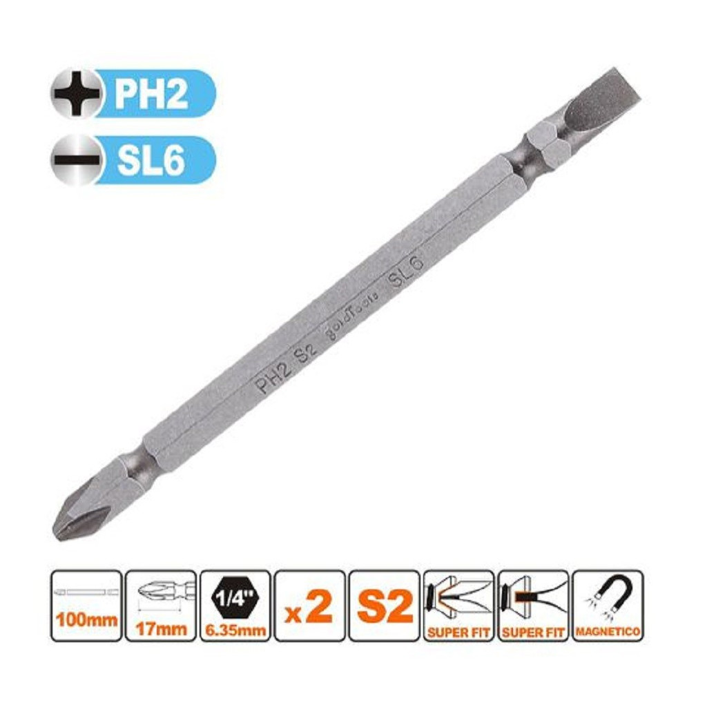 foto del prodotto trade shop - kit 2pz di bits da 100mm punte doppie inserti ph2 + sl6 punta s2 magnetica 57244 -