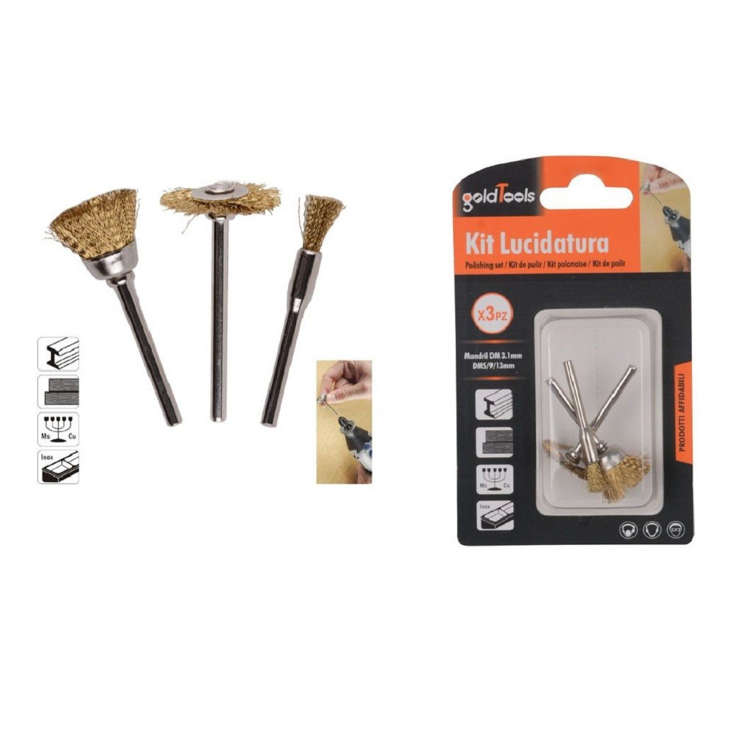 foto del prodotto trade shop - kit 3 pezzi spazzole metallo per lucidatura dm 3.1mm color oro pulitrice 92134 -