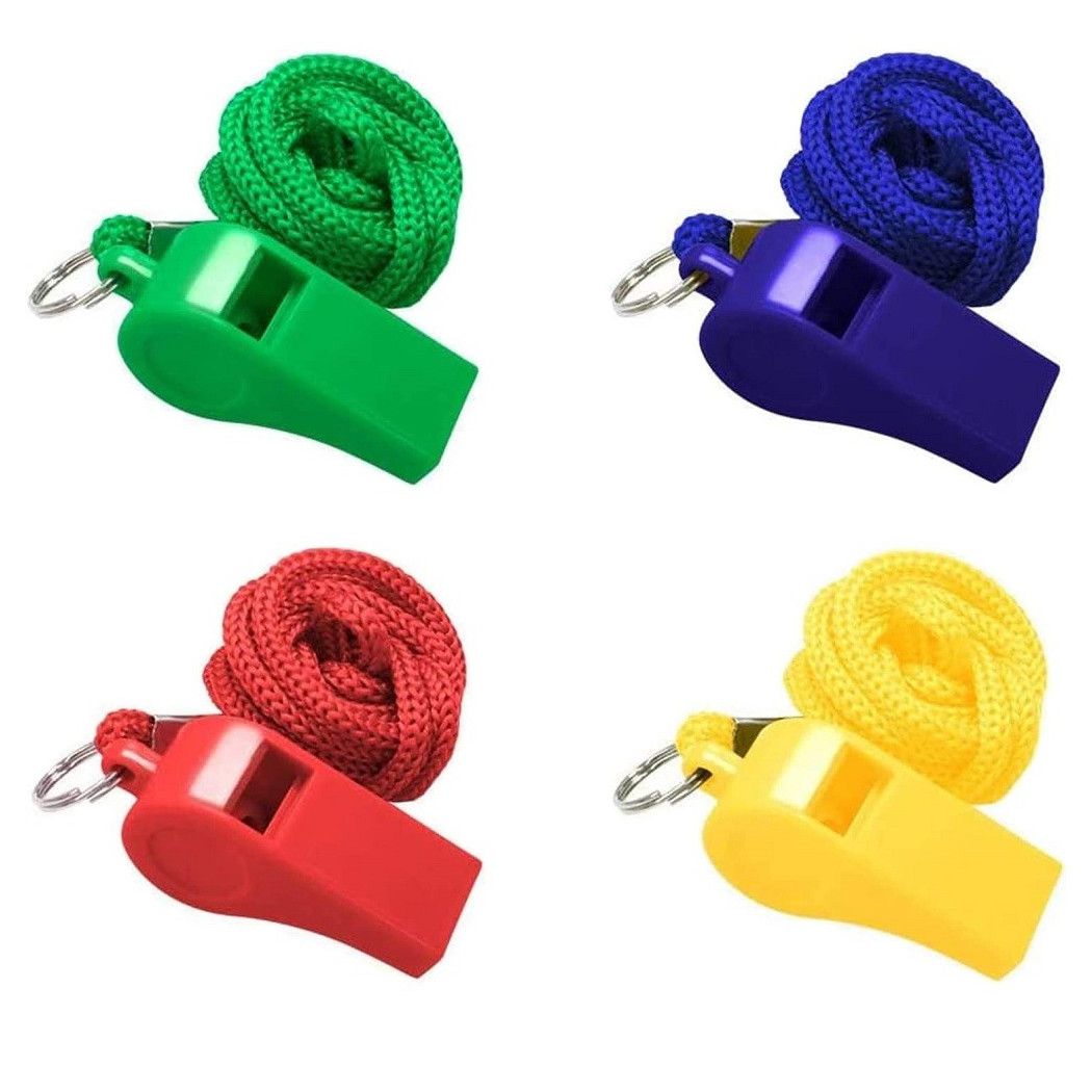 foto del prodotto trade shop kit 4 pz fischietti in plastica con cordino per coach allenatori calcio arbitro 