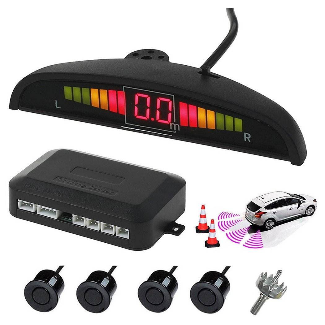 foto del prodotto trade shop kit 4 sensore di parcheggio con display led auto sensore posteriore allarme nero 