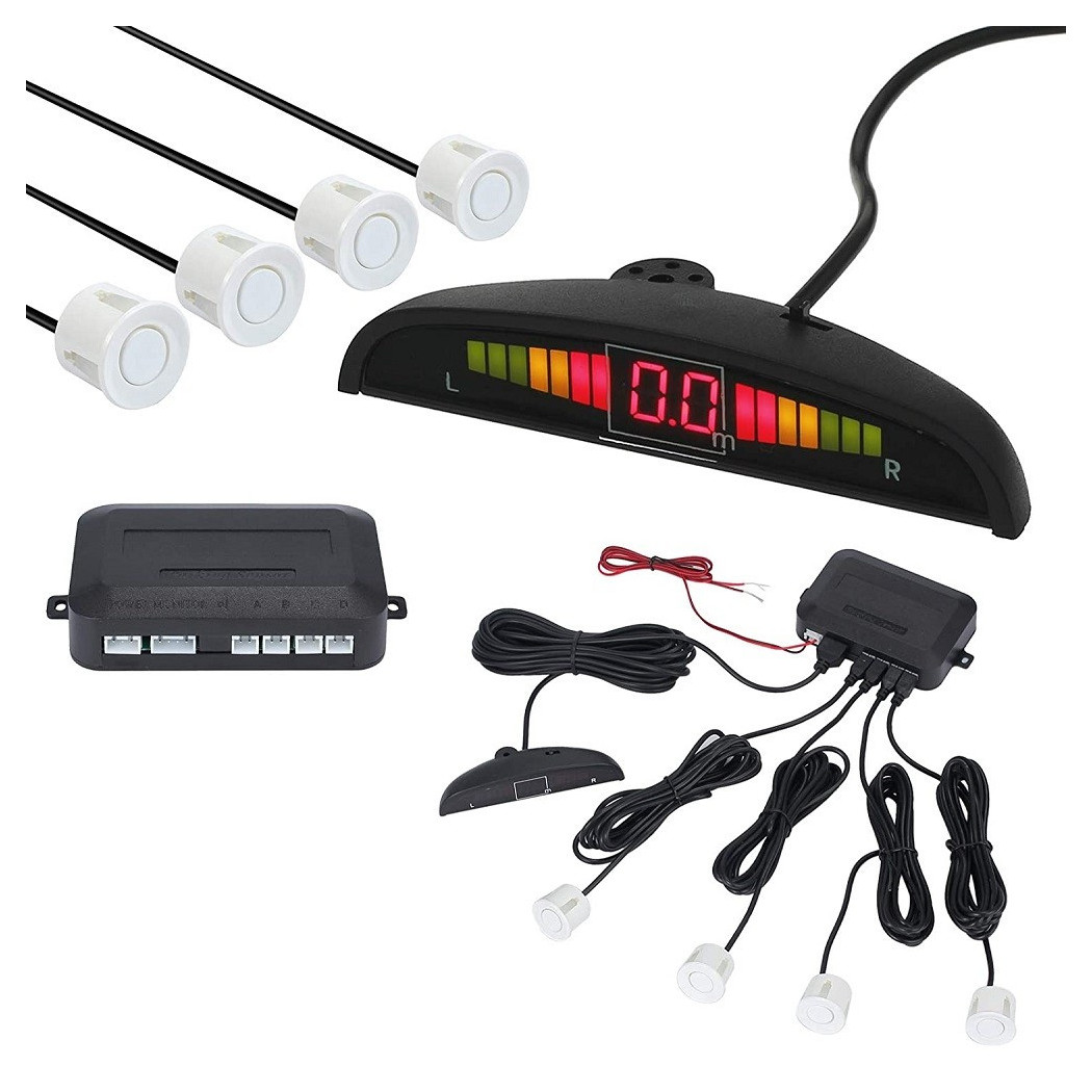 foto del prodotto trade shop kit 4 sensori parcheggio per auto retromarcia posteriori bianchi con led display 