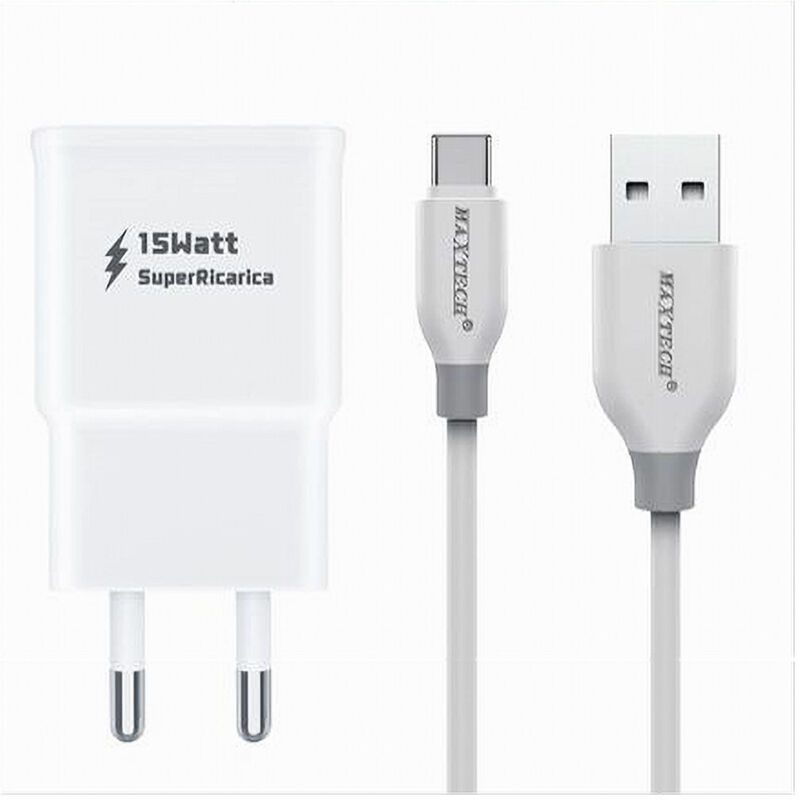 foto del prodotto trade shop kit caricabatteria spina 2 porte usb cavo type c 1 metro 3a maxtech ca s040 