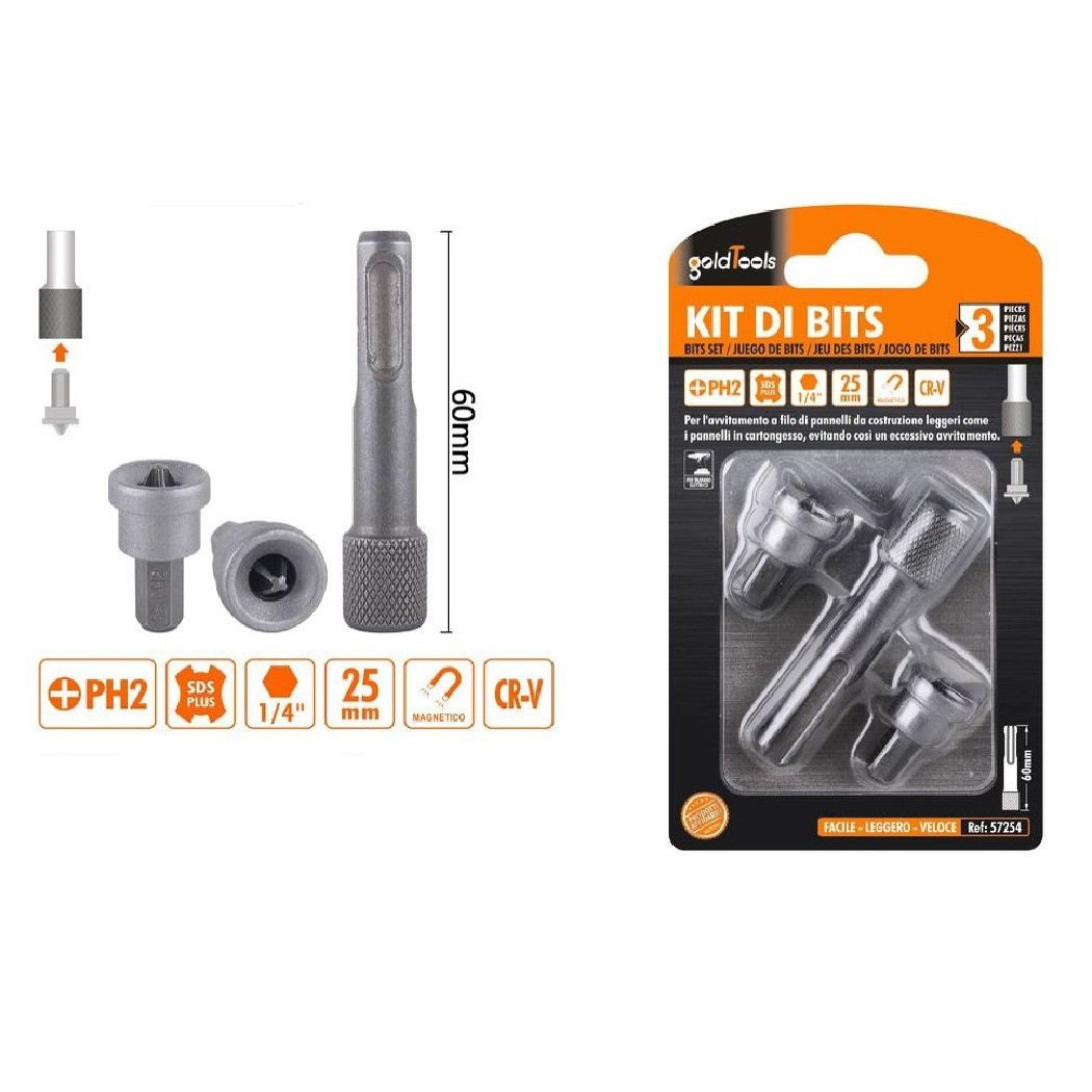 foto del prodotto trade shop - kit di bits inserti per avvitatore 2pz da 25mm ph2 + 1pz da 60mm magnetico 57254 -