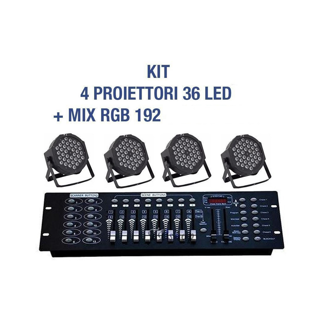 foto del prodotto trade shop kit par led faro rgb 36 led strobo programmabile dmx mixer 192 4 pezzi 