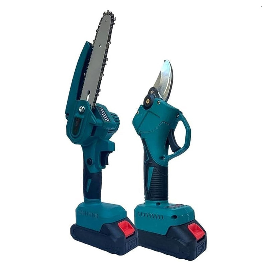 foto del prodotto trade shop kit potatura 2 in 1 forbici cesoia mini motosega elettrico a batteria 36v 