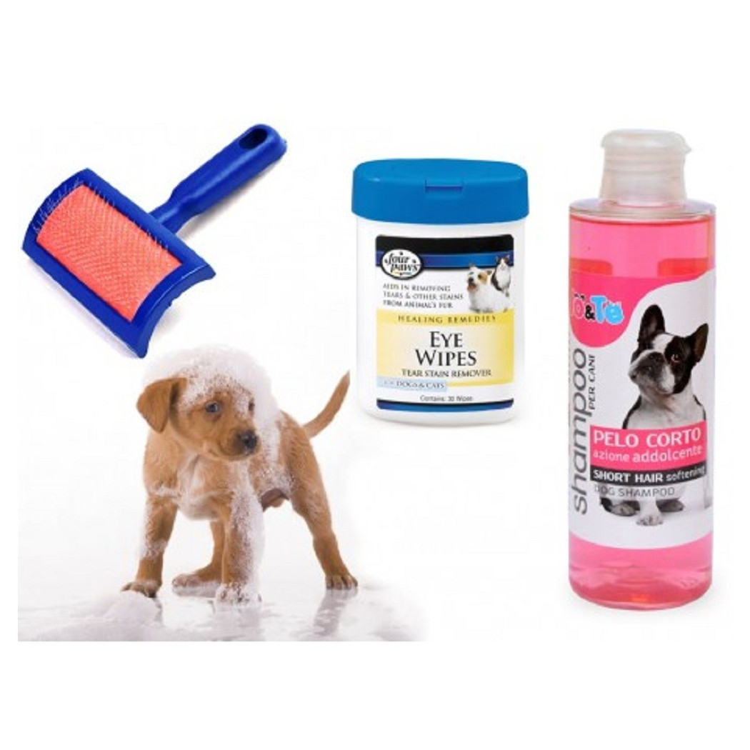 foto del prodotto trade shop kit pulizia cani shampoo azione addolcente salviettine spazzola cardatore pelo corto 