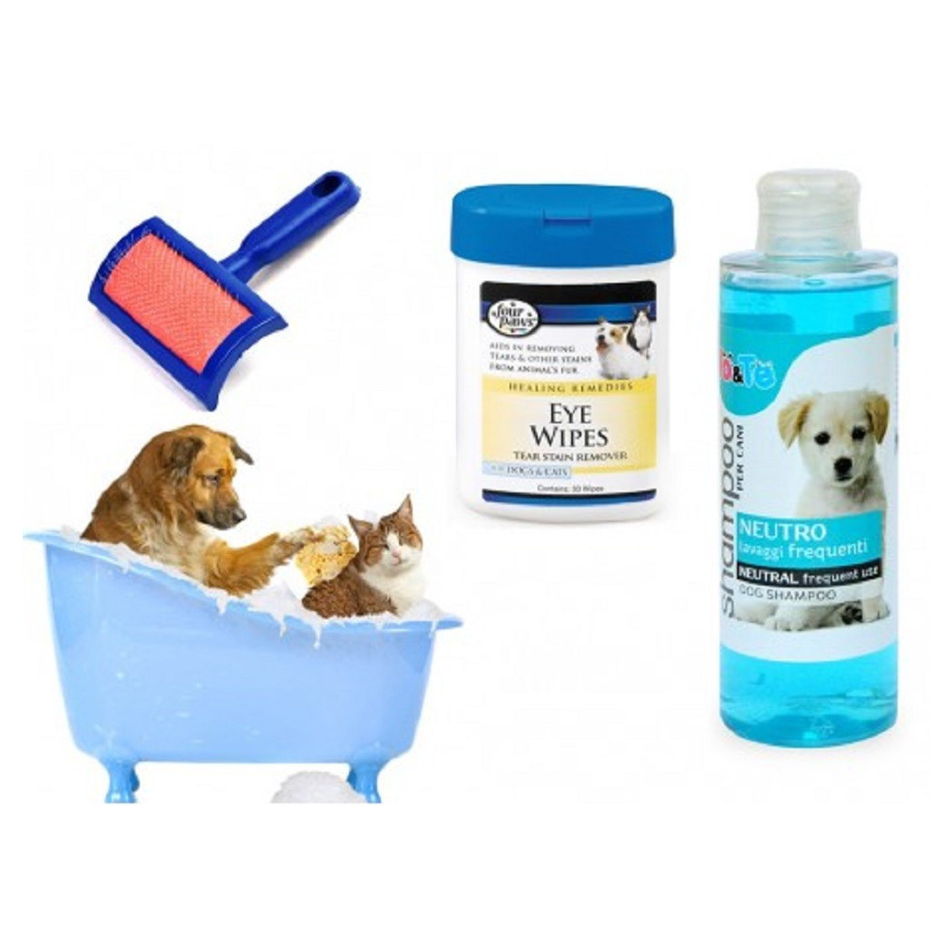 foto del prodotto trade shop kit pulizia cani shampoo neutro salviettine spazzola cardatore lavaggi frequenti 