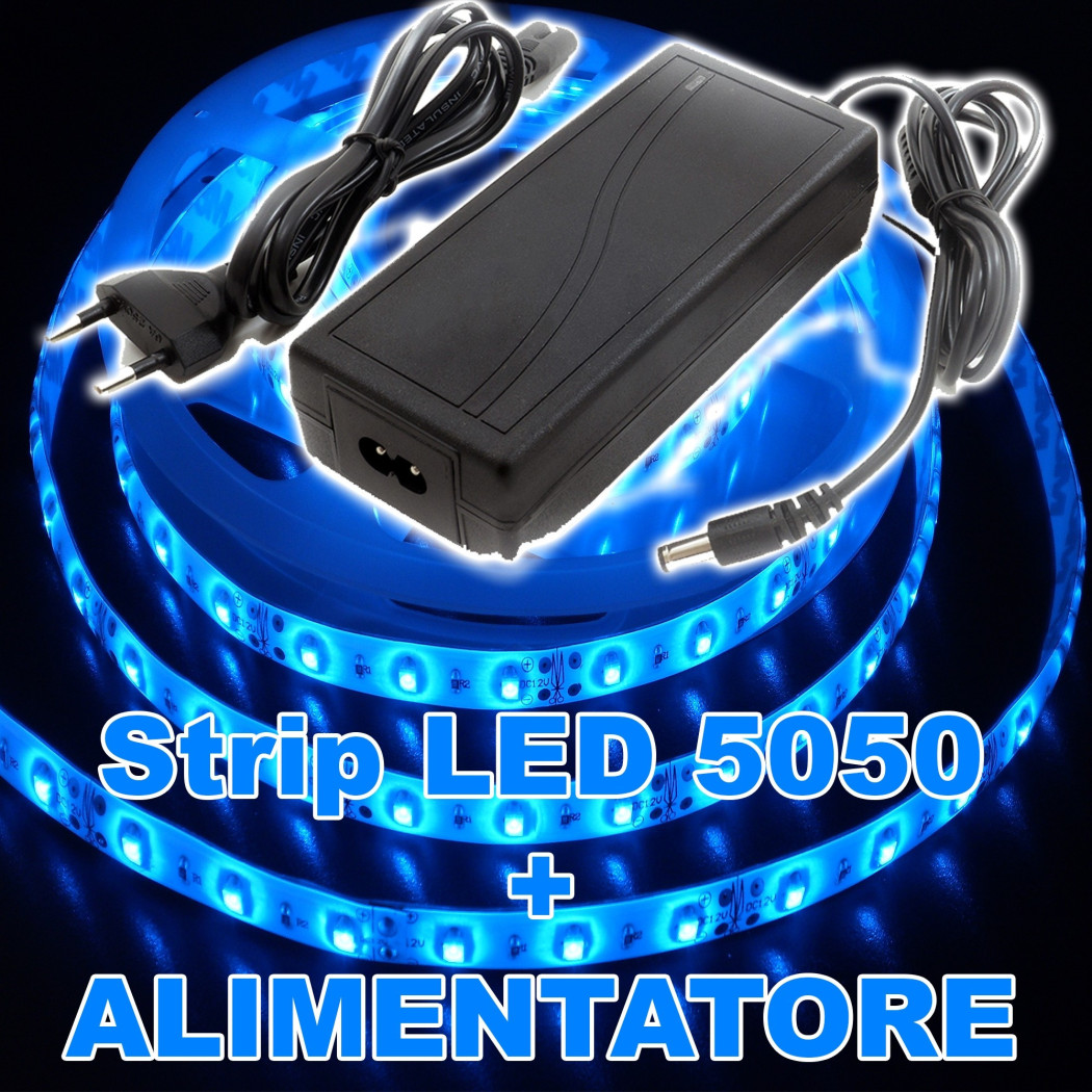 foto del prodotto trade shop kit striscia led 5050 flessibile 5m adesiva con alimentatore 3a blue blu ip65 
