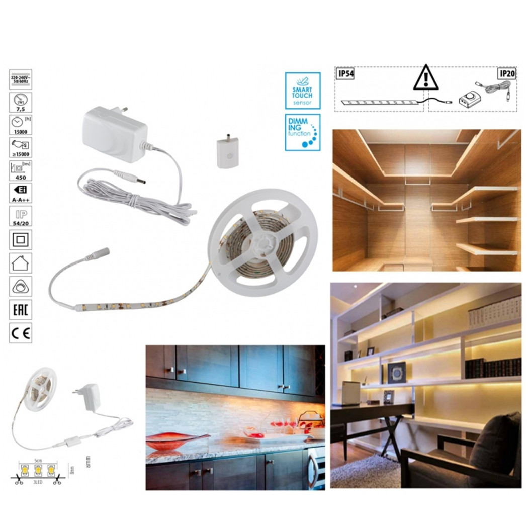 foto del prodotto trade shop kit striscia led con tasto interruttore touch dimmer bianco caldo 3000k 7,5 watt 
