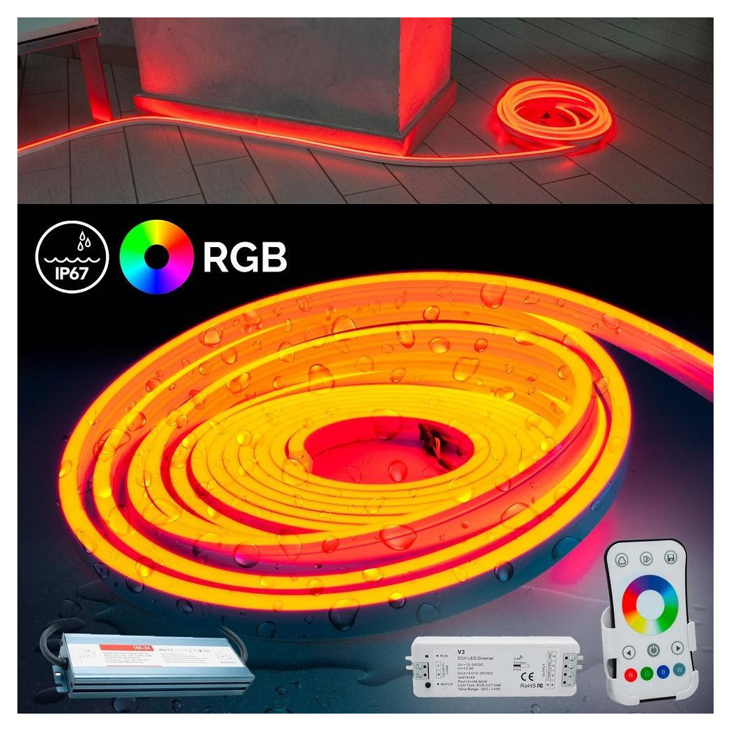 foto del prodotto trade shop kit striscia neon flex led 160w ip67 centralina telecomando alimentatore rgb 24v 10mt 