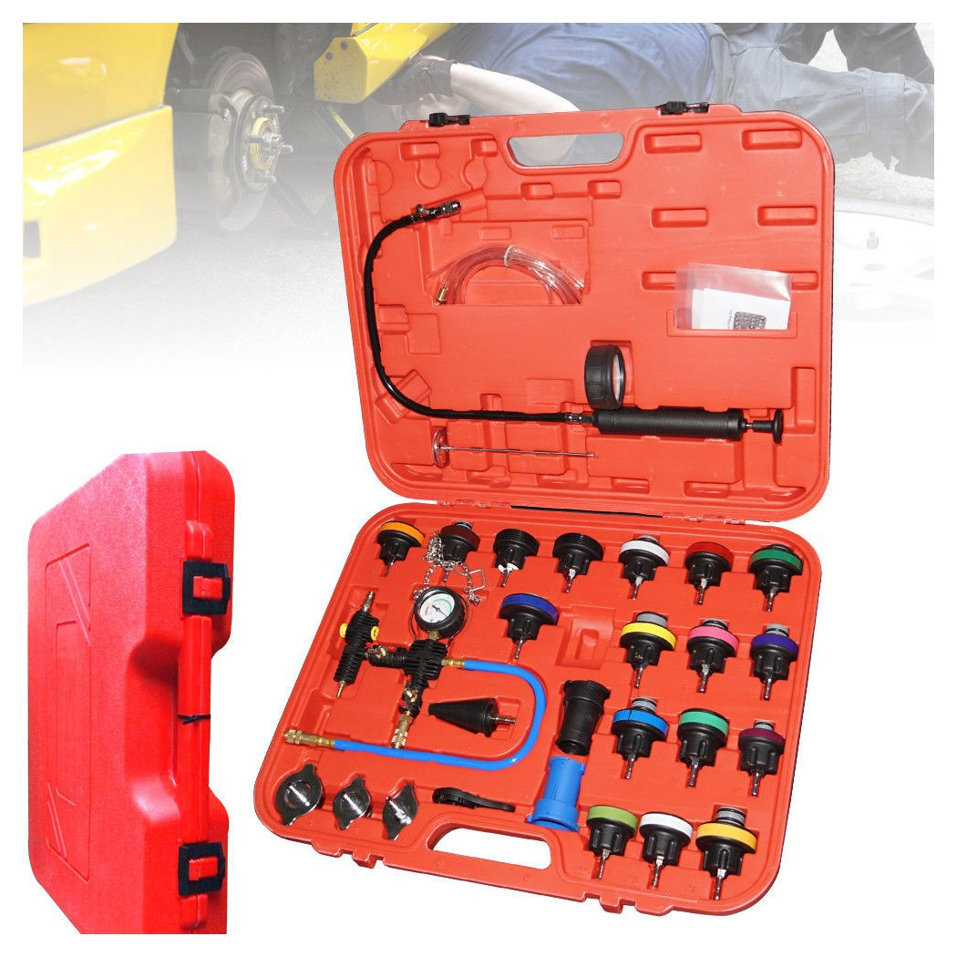 foto del prodotto trade shop kit tester di pressione spurgo prova ricarica radiatore test universale 27 pezzi 