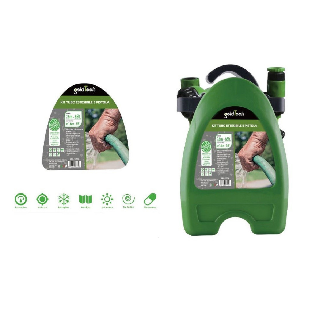 foto del prodotto trade shop kit tubo estensibile avvolgibile 7.6mt pistola irrigazione giardino staffa 57516 