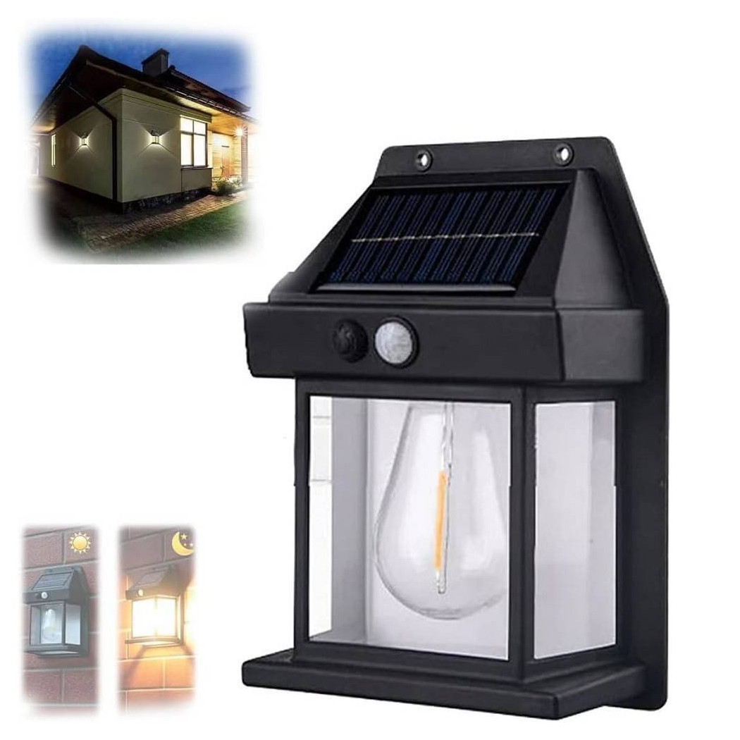 foto del prodotto trade shop lampada da parete solare sensore movimento luce tungsteno led applique ip65 nero 