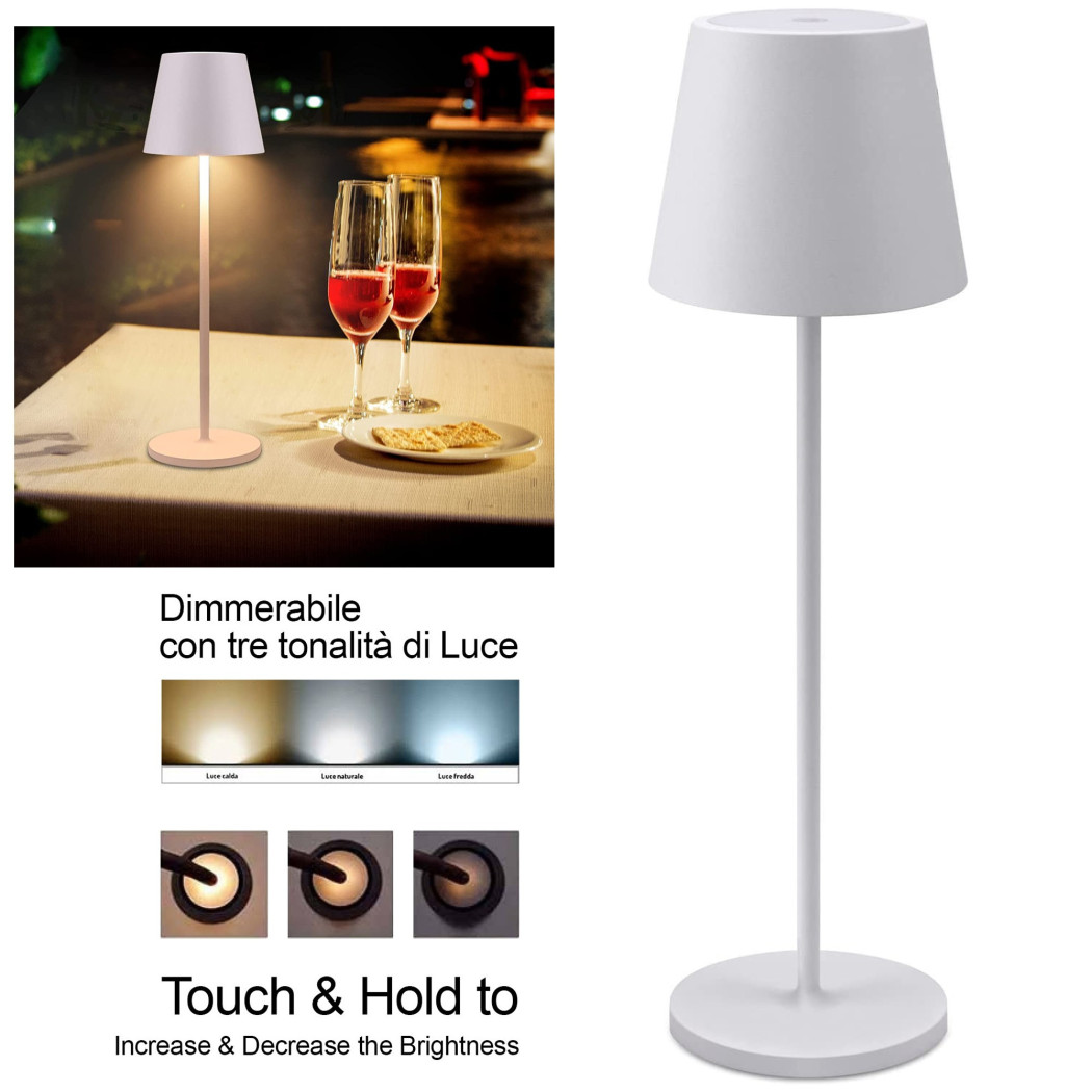 foto del prodotto trade shop lampada da tavolo a led con batteria ricaricabile touch dimmerabile 3 colori bar bianco