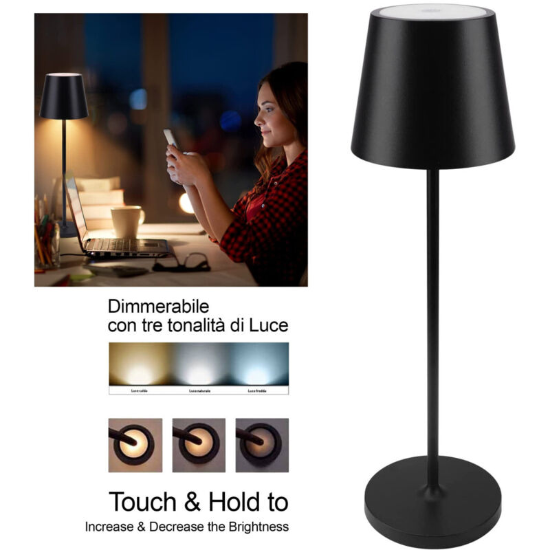 foto del prodotto trade shop lampada da tavolo a led con batteria ricaricabile touch dimmerabile 3 colori bar nero