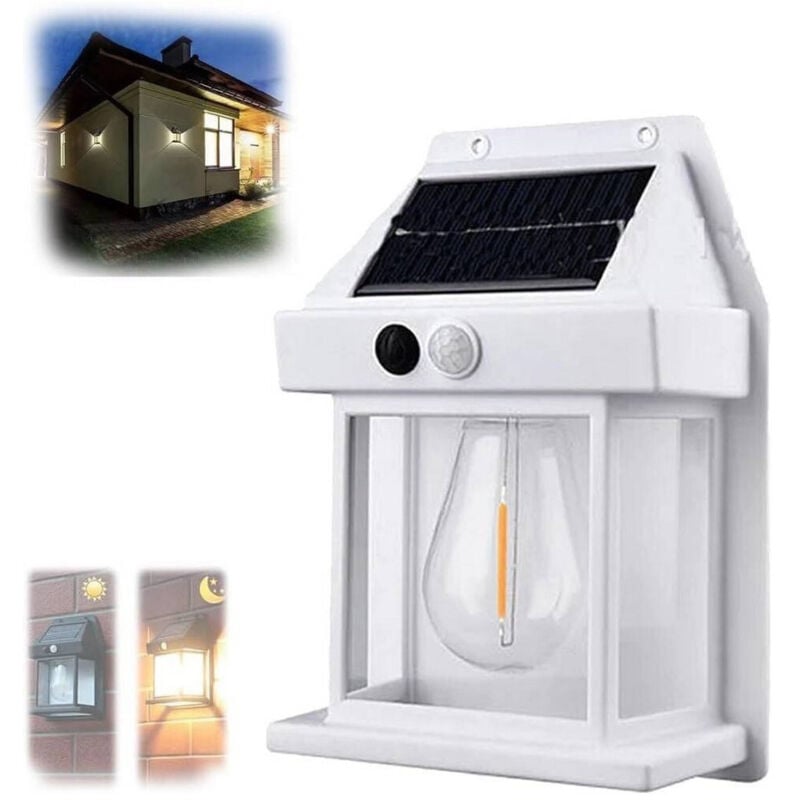 foto del prodotto trade shop lampada parete solare sensore movimento luce tungsteno led applique ip65 bianco 
