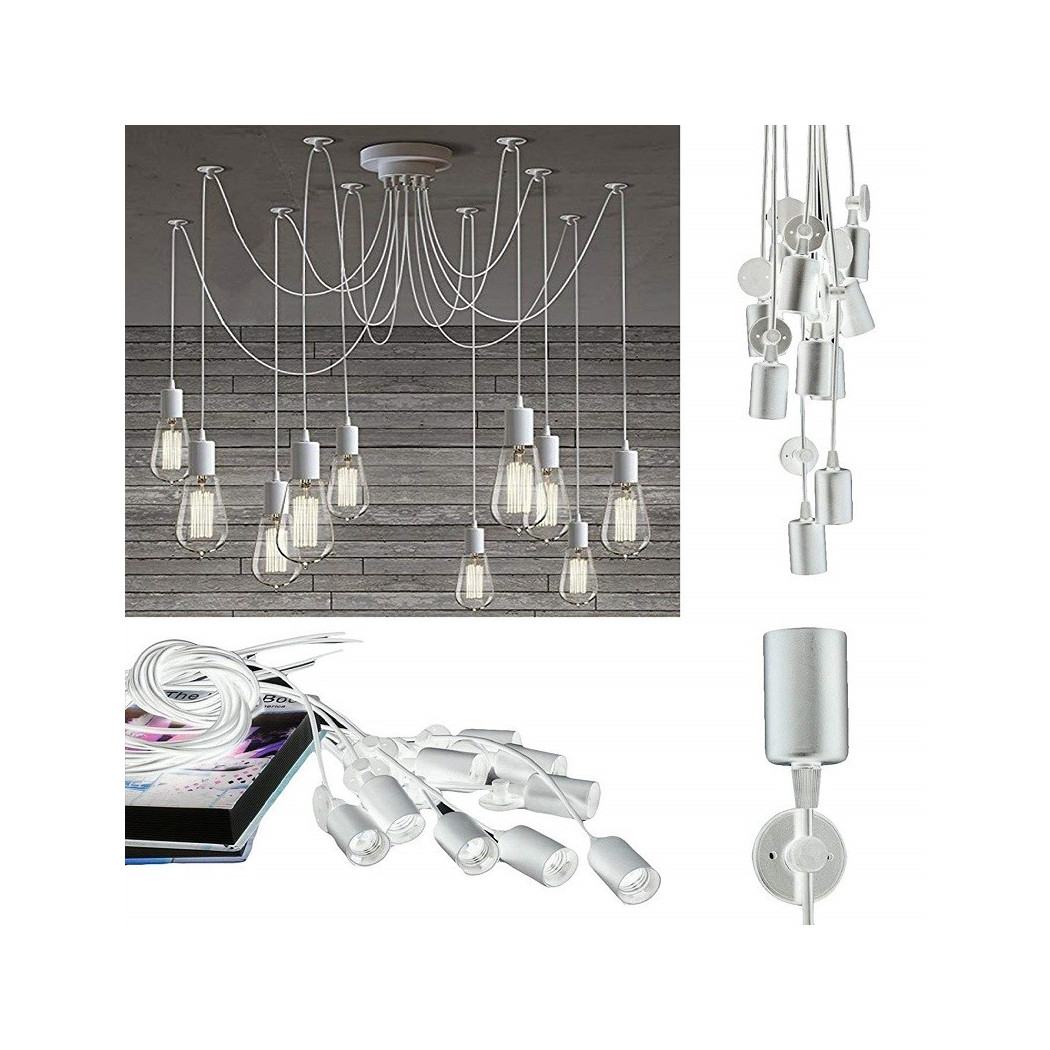 foto del prodotto trade shop lampadario 12 pendenti lampada ragno bianco soffitto sospensione regolabili portalampada e27 