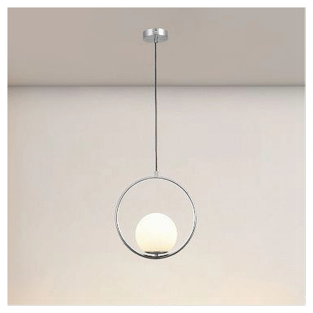 foto del prodotto trade shop lampadario a sospensione cerchio metallo sfera vetro bianco attacco e27 argento 33467 
