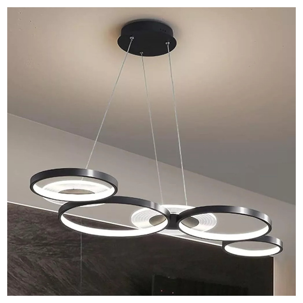 foto del prodotto trade shop lampadario a sospensione led nero 65w 6 anelli luminosi moderno con telecomando 71415 