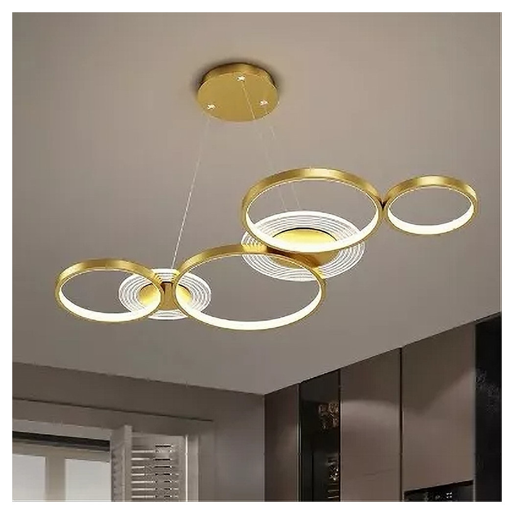 foto del prodotto trade shop lampadario a sospensione led oro 65w 6 anelli luminosi moderno con telecomando 71422 