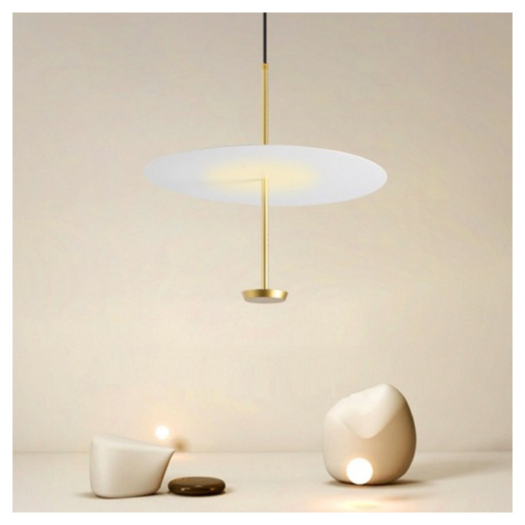 foto del prodotto trade shop lampadario a sospensione luce 4000k led 18w disco paralume piatto bianco oro tondo 33191 