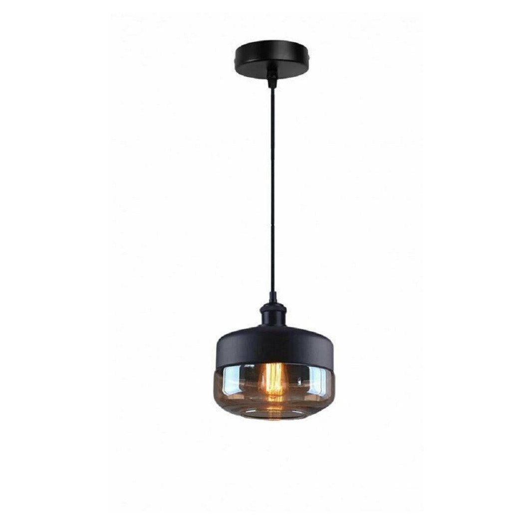 foto del prodotto trade shop lampadario a sospensione vintage da soffitto e27 nero vetro effetto ambrato lp13 