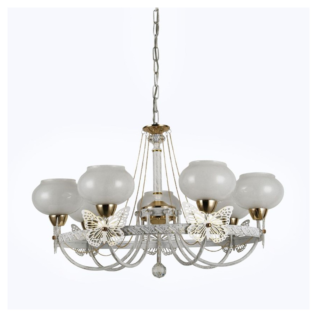 foto del prodotto trade shop lampadario classico bianco anticato shabby chic lampada 7 coppe con farfalle 92433 