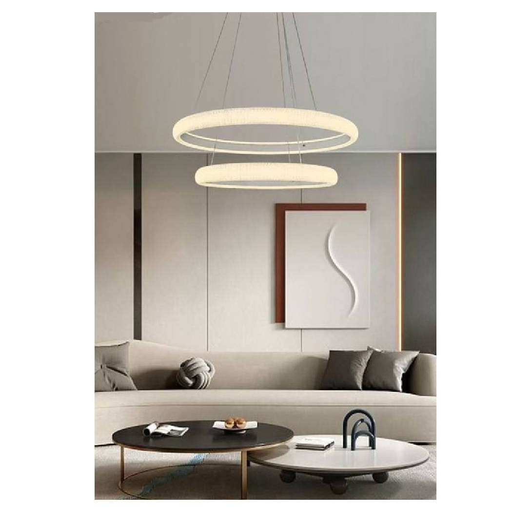 foto del prodotto trade shop lampadario led 51w a sospensione 2 anelli cristalli luce 6500k 3000k 4000k lp 38b bianco caldo 