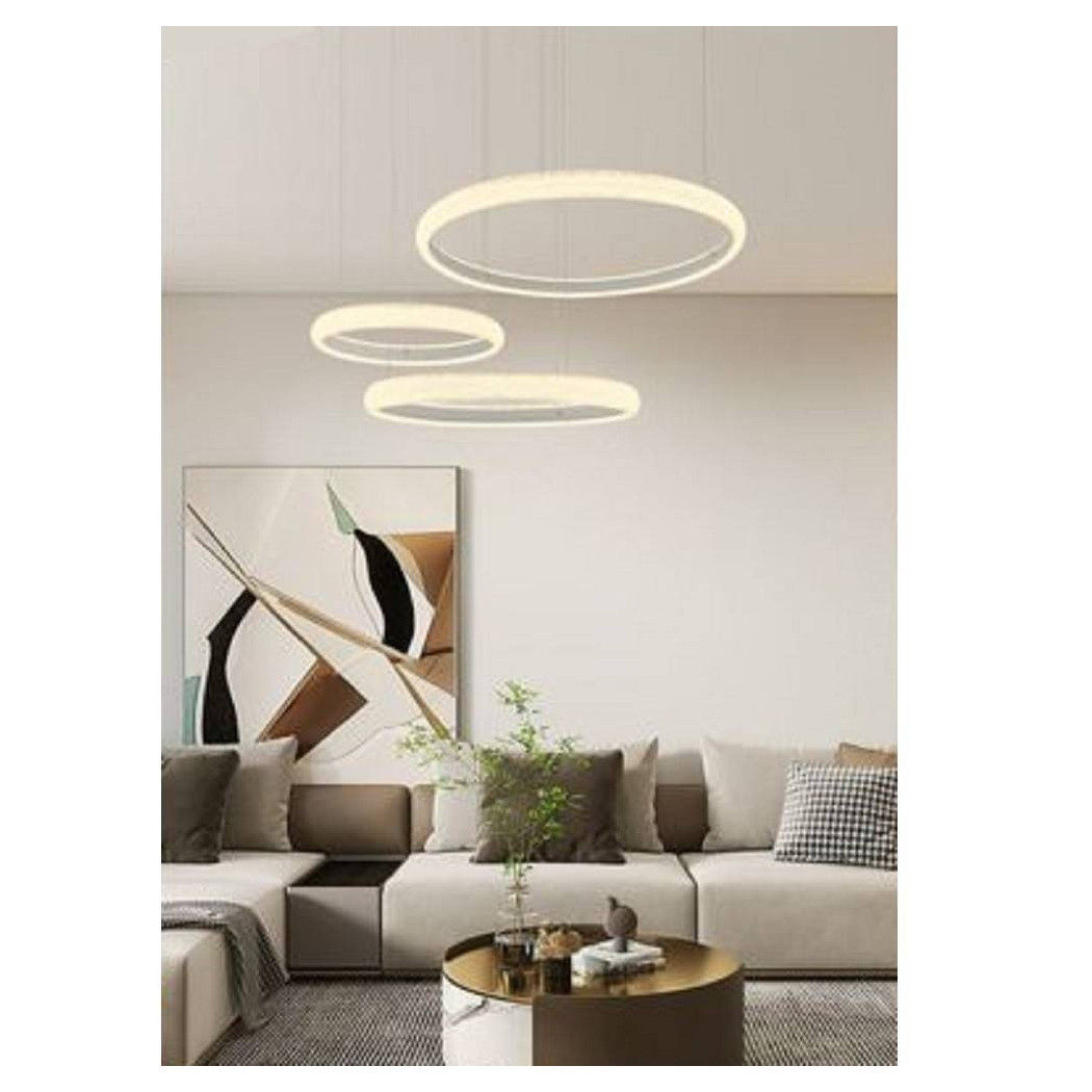 foto del prodotto trade shop lampadario led 60w a sospensione 3 anelli cristalli luce 3000k 6500k 4000k lp 39b bianco caldo 