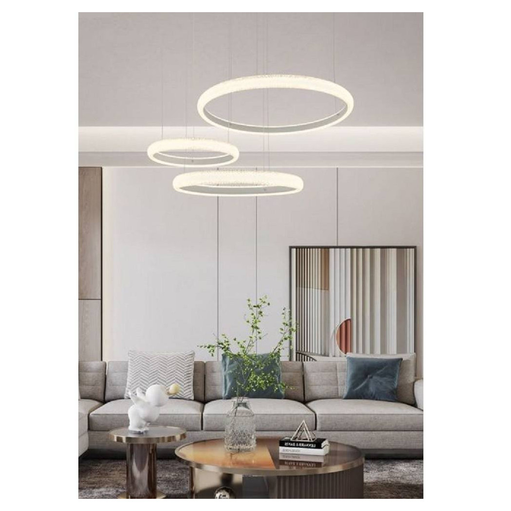 foto del prodotto trade shop lampadario led 60w a sospensione 3 anelli cristalli luce 3000k 6500k 4000k lp 39b bianco naturale 