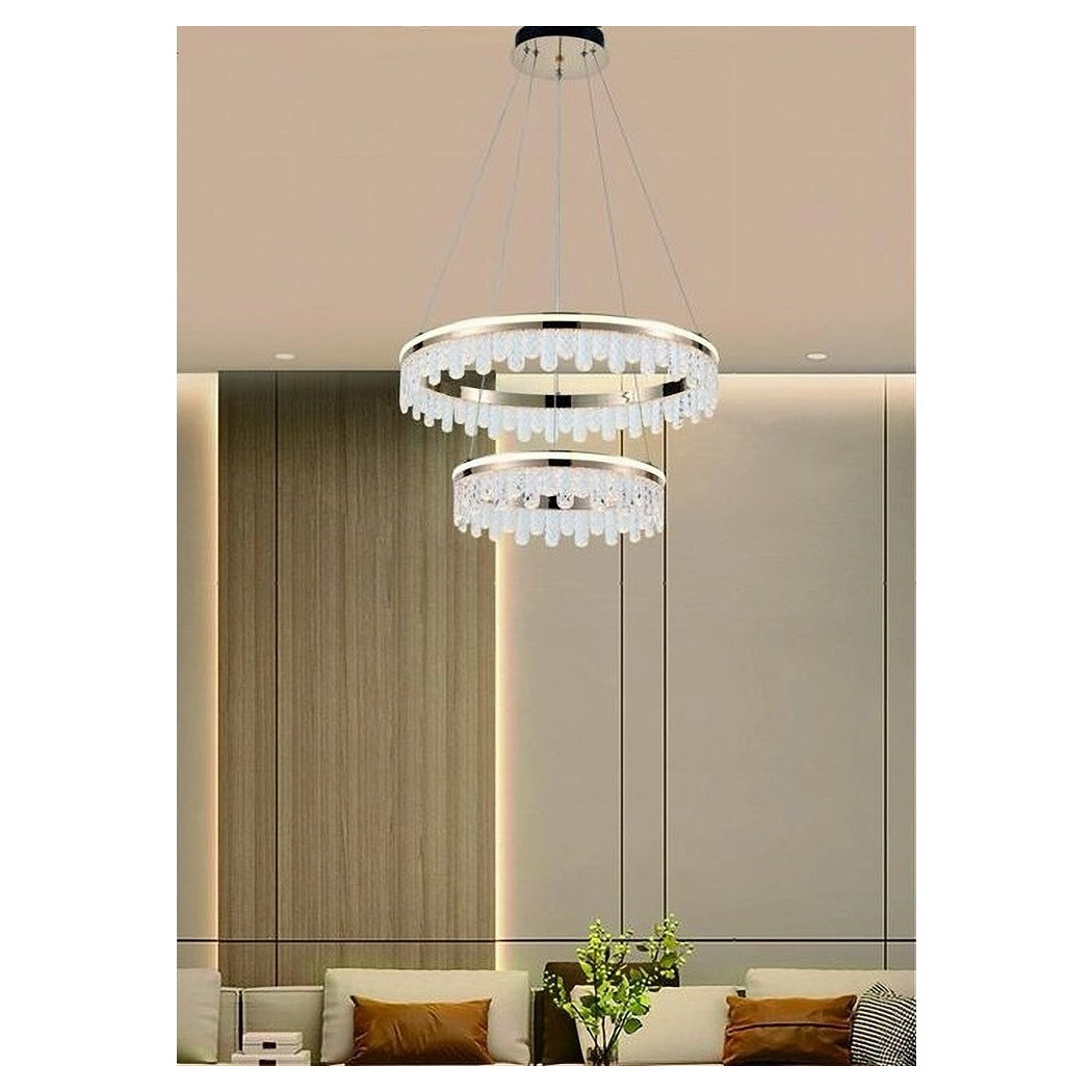 foto del prodotto trade shop lampadario led a sospensione oro 72w 2 cerchi con cristalli 3 colori luce lp 55 3c 