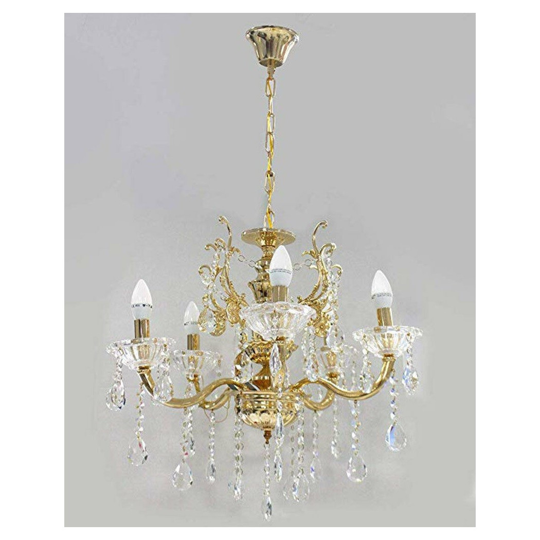 foto del prodotto trade shop - lampadario soffitto 5 bracci a sospensione con catena gocce pendenti lampada a12 - oro