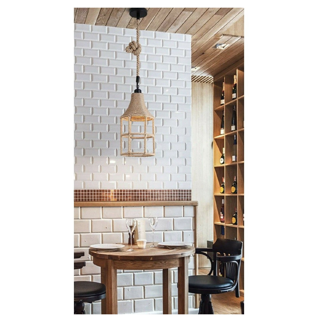 foto del prodotto trade shop - lampadario sospensione paralume a campana in corda di canapa stile vintage a41-1 -