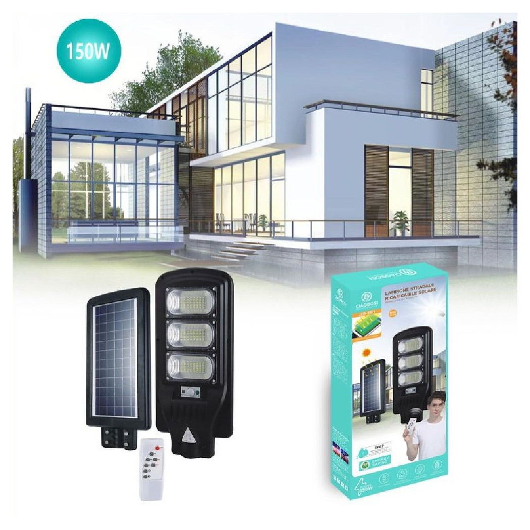 foto del prodotto trade shop lampione stradale led pannello ricaricabile luce solare 150w telecomando led 8511 