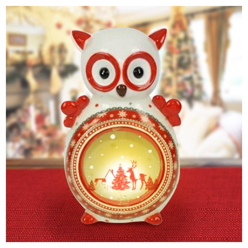 foto del prodotto trade shop lanterna ceramica gufo con candela elettrica 28 cm decorazioni natalizie 
