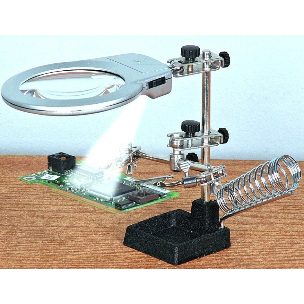 foto del prodotto trade shop lente 2.25 39 39 ingrandimento 4x con pinze terza mano da tavolo supporto per saldature modellismo 