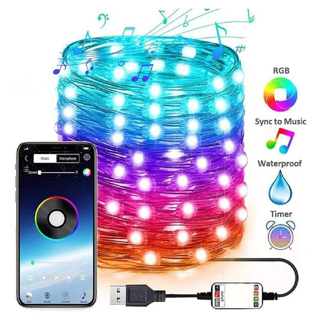foto del prodotto trade shop luci led albero di natale usb bluetooth app interno con telecomando 5 mt 50 led 