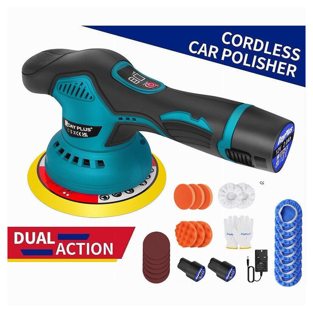 foto del prodotto trade shop - lucidatrice rotorbitale 2 batterie 12 v 2000 mah 8 velocità levigatrice per auto -