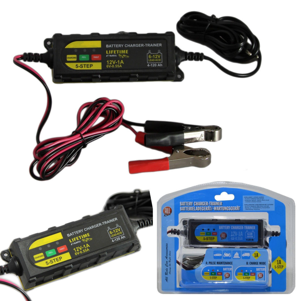 foto del prodotto trade shop mantenitore di carica pinze per batteria auto moto 5 fasi emergenza 1a 12v 