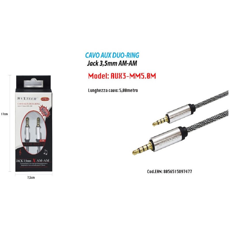 foto del prodotto trade shop maxtech cavo audio aux duo ring jack 3.5mm am am 5mt per smartphone aux3 mm5.0m 