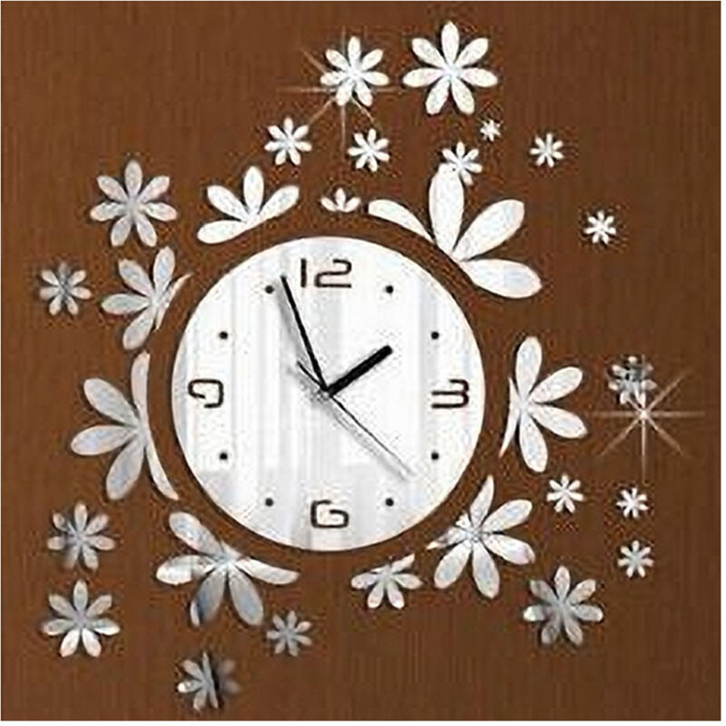 foto del prodotto trade shop maxtech orologio da parete moderno adesivo 3d con fiori erba a muro effetto specchio 