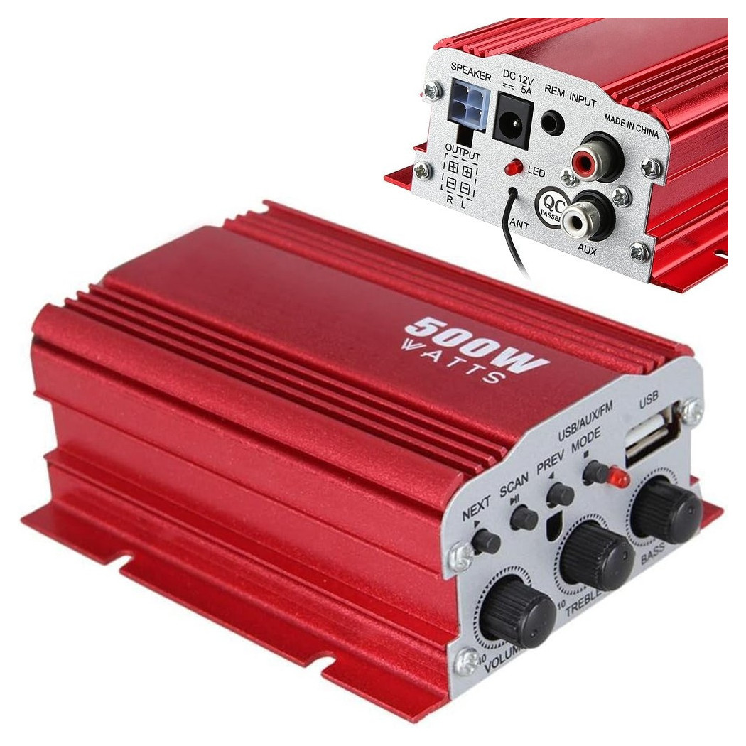 foto del prodotto trade shop mini amplificatore stereo a 2 canali per auto moto da 500w usb mp3 kinter ma 150 