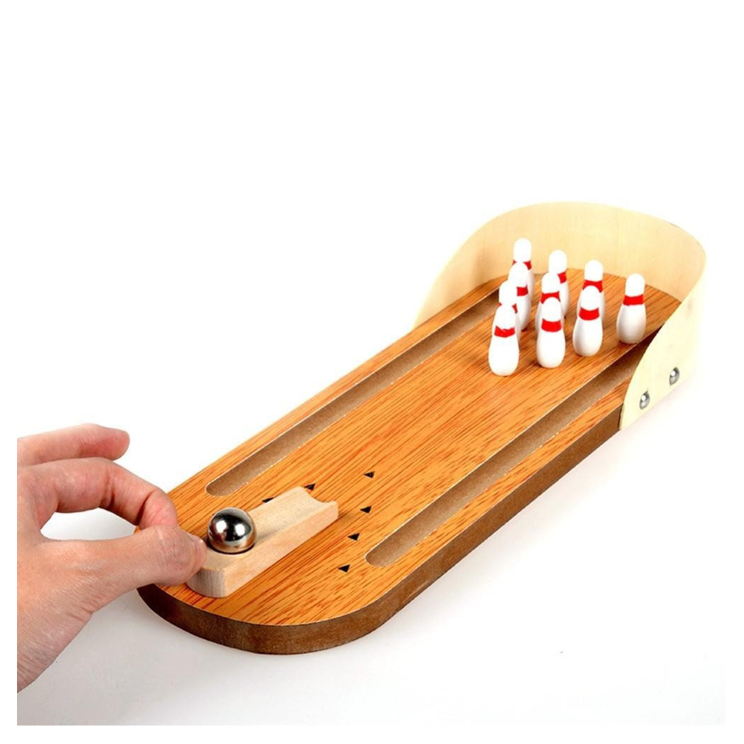 foto del prodotto trade shop mini boowling gioco da tavolo in legno con 10 birilli e palla in metallo 