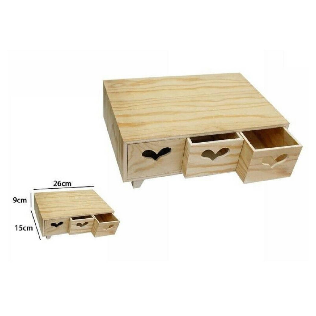 foto del prodotto trade shop mini cassettiera 3 cassetti cuore in legno naturale decoupage 53439a 