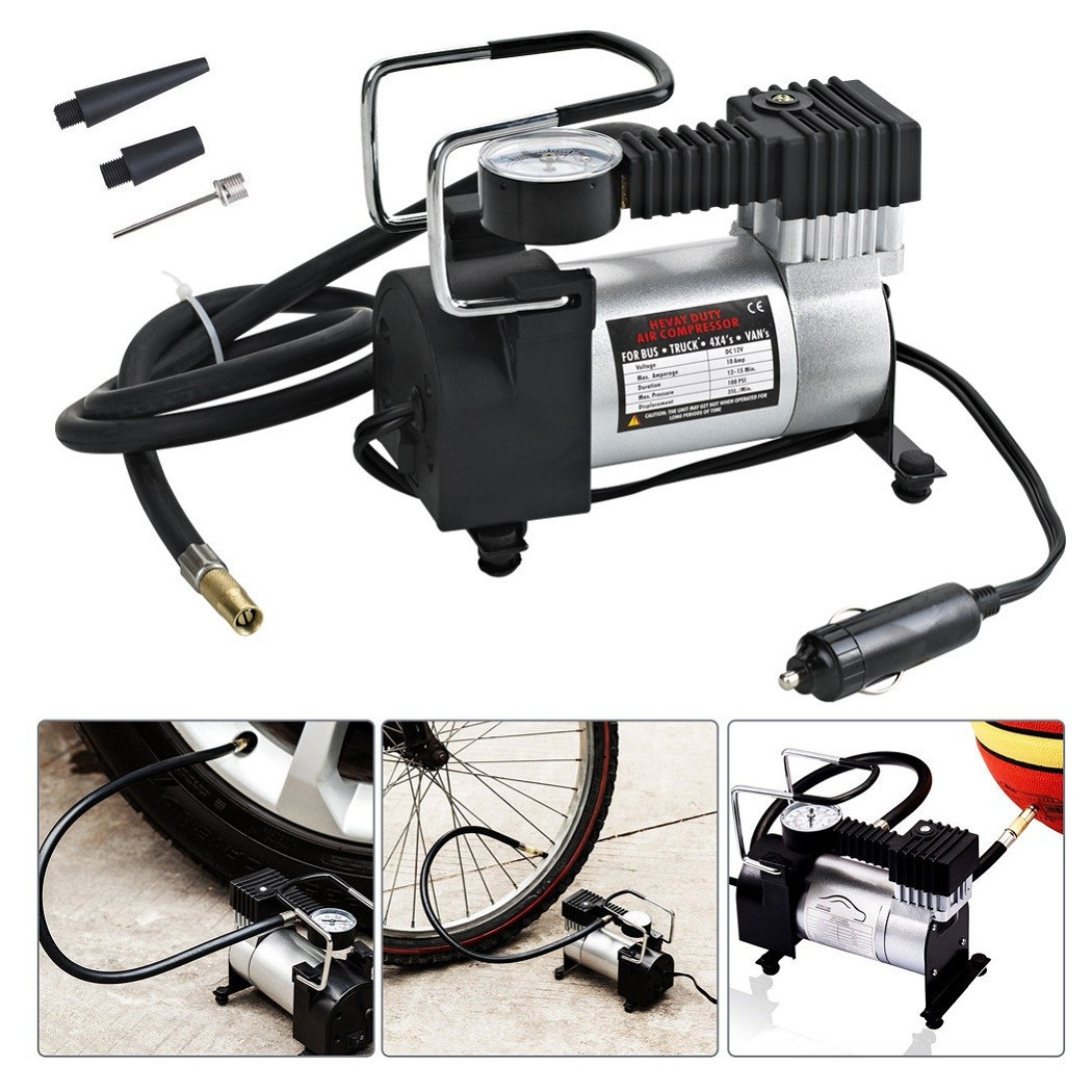 foto del prodotto trade shop - mini compressore aria portatile auto 12v 140psi 3 connettori bici gonfiabili -