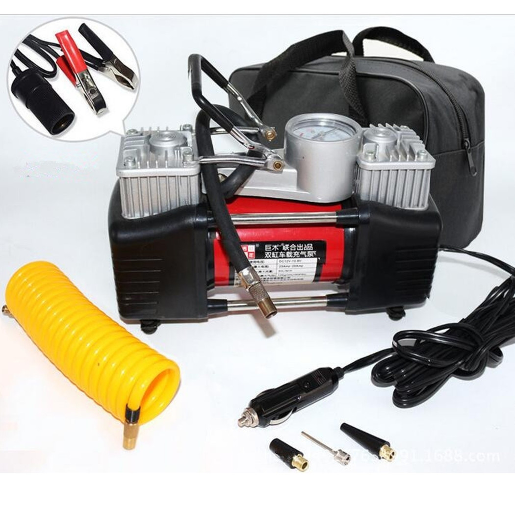 foto del prodotto trade shop mini compressore portatile 12 volt a doppio cilindro per auto moto manometro 